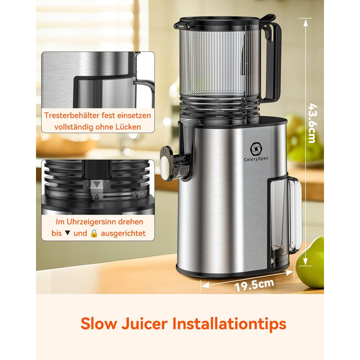 Шовковий відцентровий соковичавник - переможець тесту, для цілих овочів та фруктів, 130 мм завантажувальний отвір, 1.8л, BPA-free, 250W, функція зворотного ходу, легке очищення, нержавіюча сталь, чорний