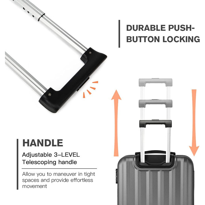 KONO Легкий ручний багаж, 55 x 35 x 20 см, жорсткий корпус, ABS, 4 колеса, сірий колір