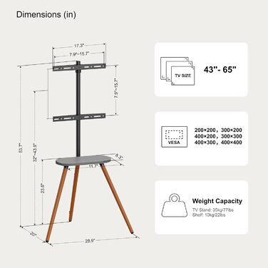 Підставка для телевізора ECOTINY 43-65 дюймів, регульована висота, поворотна, кутова, з полицею, VESA 400x400, сумісна з LCD/LED/OLED, мінімалістичний дизайн, білий + бук (чорний)