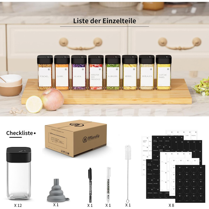 Набір скляних контейнерів для спецій Miorkly з нержавіючої сталі, 12 шт. (120 мл)