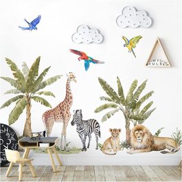 Наклейка на стіну з тваринами з джунглів Грандора, Сафарі, зебра, жираф, лев, наклейка на стіну для дитячої, наклейка на стіну, тропічні дерева, прикраса для дитячої кімнати, DL842-5, XXL - 229 x 102 см (шт.)