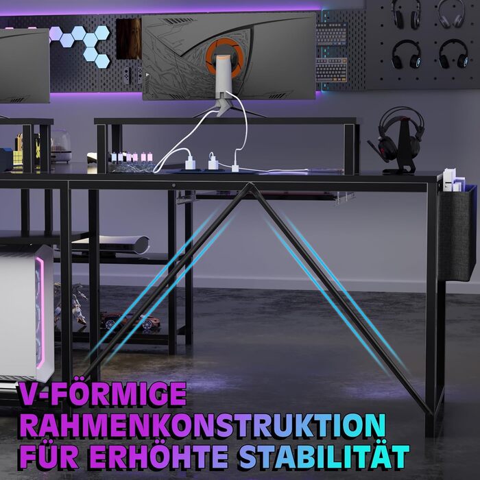 Ігровий стіл Flamaker L-подібний 140x140 см з RGB LED, підставка для монітора та полиця | 2 розетки + 2 USB-порти (вуглецеве волокно, чорний матовий)