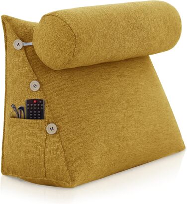 Підкова для читання Bettkeil, регульоване подушечкове ліжко, трикутна подушка, подушка-клинок, диванна подушка для попереку, шиї, подушка для підтримки спини з знімним льняним чохлом (жовтий, з подушкою для шиї 60см)