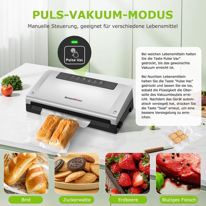 Вакууматор Bonsenkitchen для продуктів, потужний вакуумний пакувальник з 5 режимами, 8 л/хв, технологія Globefish, чорний (комплект: 5 пакетів та 1 рулон)