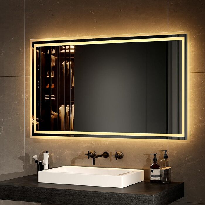 Дзеркало для ванної кімнати EMKE з підсвічуванням 40x60 см LED, антизапар, холодний/теплий білий, з кнопкою, алюмінієва рама, IP44, енергозберігаюче