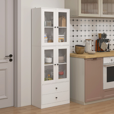 Шафа-кухонна з висувними ящиками та скляними дверцятами, з меламіновою поверхнею, білого кольору