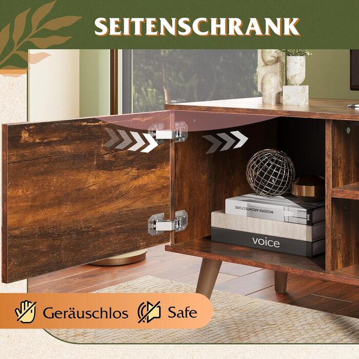 Тумба під телевізор WLIVE 160x40x47 см з двома дверцятами та відкритими полицями, вітальня, спальня, вінтажний коричнево-чорний