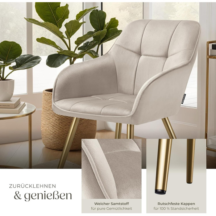 Крісло tectake® з велюровою оббивкою, сучасні кухонні стільці, зручний крісло для вітальні, стілець для їдальні, стілець для туалетного столика - (набір 1 шт, пудровий/золотий)