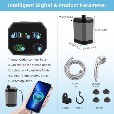 Портативна електродушова система для кемпінгу з акумулятором 6000mAh, фільтрацією, покажчиком температури та шлангом 2м