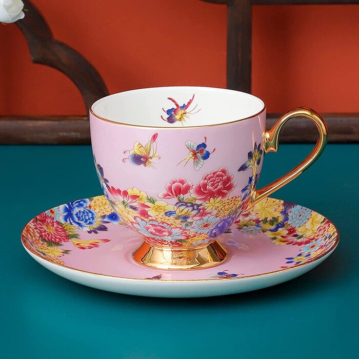 Набір різнокольорових кавових чашок і блюдців fanquare з ложкою, порцеляновий візерунок у вигляді квіткового метелика, чайна чашка з тонкого кістяного порцеляни, (рожевий)