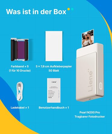 Портативний міні-фотопринтер Liene Pearl N200 Pro з кольоровою сублімацією, 50 фото (5x7,6 см), 5 стрічок, Bluetooth, 300 dpi, для iPhone & Android, акумулятор, золотий колір