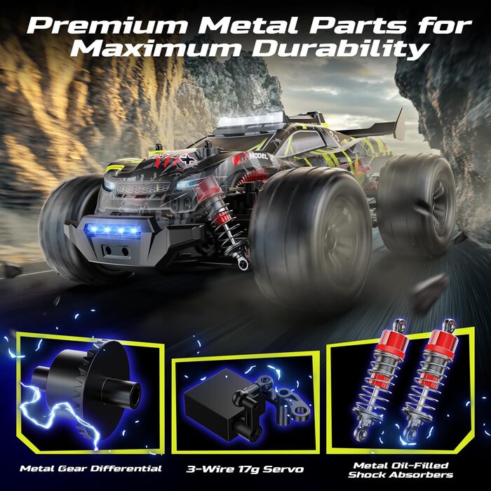 Позашляховик DEERC 1:14 Brushless 4WD, 43 милі/год, з LED підсвіткою, металевими амортизаторами та 2x 7.4V акумуляторами