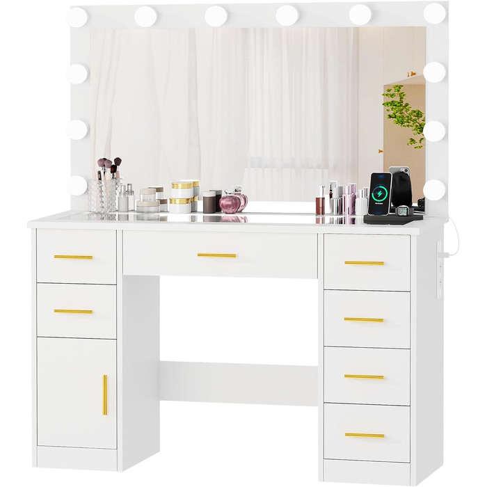 Великий туалетний столик ANWBROAD з регульованою LED-підсвіткою 3 кольорів та розеткою. Сучасний туалетний столик з дзеркалом, 7 ящиків, білий, 140x110x40 см. Модель BDT83W
