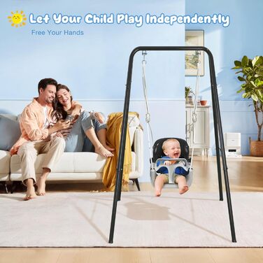 Дитяча гойдалка 2-в-1 з металевим каркасом, безпечний ремінь, для гри в приміщенні та на вулиці (білий, чорний)