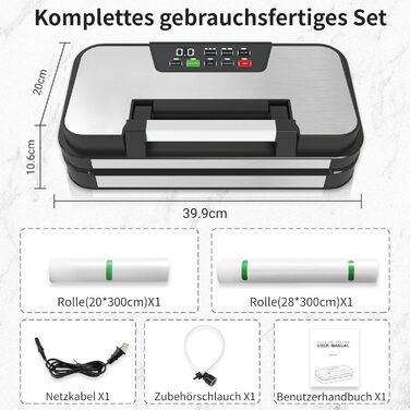 Вакууматор 10-в-1 для продуктів 95 кПа, вакуумний пакувальник з подвійною термозаваркою, вбудованим ножем та відсіком для пакетів, сталевий корпус, комплект з 2 рулонами