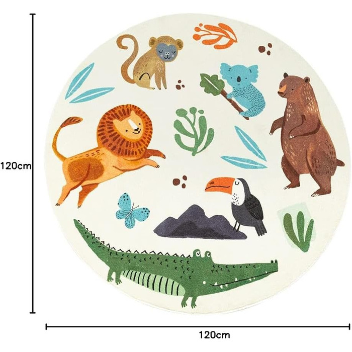 Дитячий килимок Joydec круглий, можна прати, з м'яким ворсом, Тварини в джунглях, бежевий, 80x80см (120x120см)