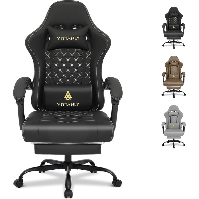 Ігровий крісло Vittanly з пружинним сидінням, ергономічний геймерський стілець з підголівником, поперековою подушкою та підніжкою, регульований поворотний ігровий крісло-офісне крісло, чорний, 150 кг