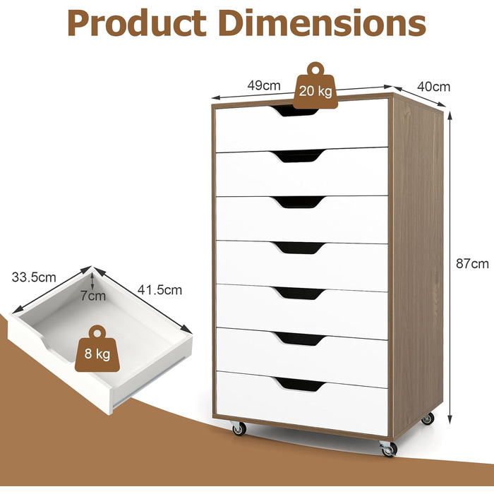 Роликовий контейнер KOMFOTTEU з шухлядами, мобільний офісний шафа, візок для документів, білий, для файлів та паперів (натуральний колір)