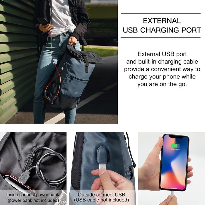 Рюкзак для ноутбука EverVanz Rolltop - шкіра та поліестер, USB-порт для зарядки, 17 дюймів, водовідштовхувальний (синій)