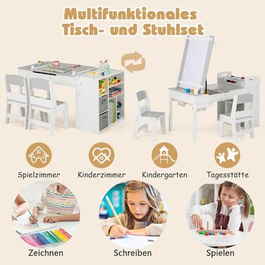Детский стол Dreamade 3 в 1 с 2 стульями из дерева, стол для рисования с откидной столешницей и 2 тканевыми ящиками, детский столик-сидячая группа с хранением для детской комнаты (с 7 отделениями)