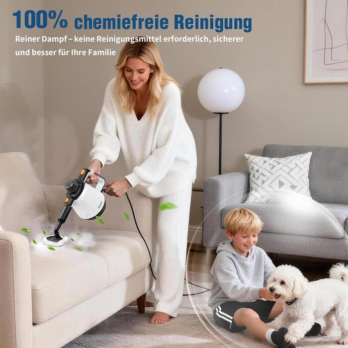 Портативний пароочисник 110°C: ефективне очищення, універсальний пристрій з 10 насадками та 5м кабелем. Ідеально для диванів, килимів, швів та видалення жиру. Колір: білий