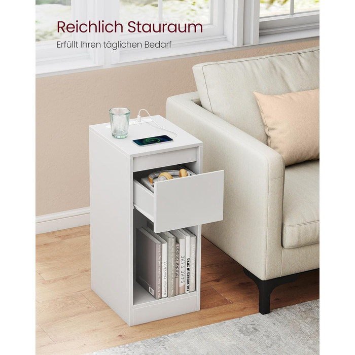 Приліжкова тумбочка VASAGLE з LED-підсвічуванням, USB-A та USB-C, з шухлядою та відкритим відсіком, для спальні/вітальні, білий колір LET610W01