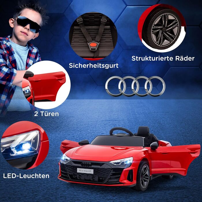 Дитячий електромобіль HOMCOM Audi RS e-tron GT з пультом, ременем безпеки, музикою, сигналом, фарами, до 5 км/год, для дітей 3-5 років, червоний