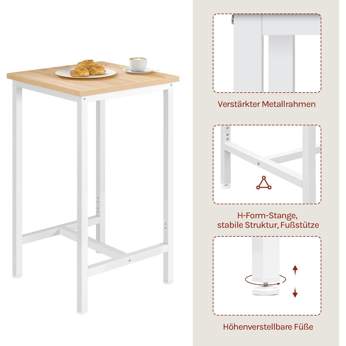 WOLTU Невеликий барний столик 60 x 100 x 60 см, кутовий, метало-дерев'яний, для кухні, бару, вітальні, білий+світлий дуб, BT34hei, без стільців