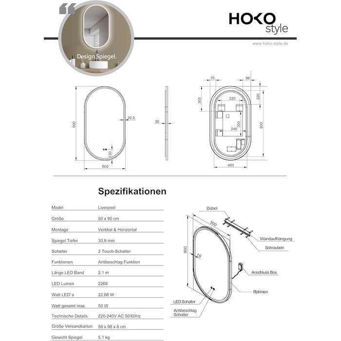 Дзеркало для ванної кімнати HOKO круглої форми 80см з підсвічуванням, антизапарюванням, рамкою, сенсорним вимикачем, пам'яттю та регулюванням світла (2700-6500K) - тепле, холодне, нейтральне світло (90x50 см, золотий овал)