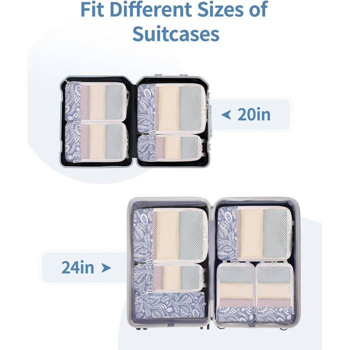 Набір органайзерів для подорожей Narwey з компресією, 6 шт, сумки-пакувальники для валізи та рюкзака (Блакитний листок)