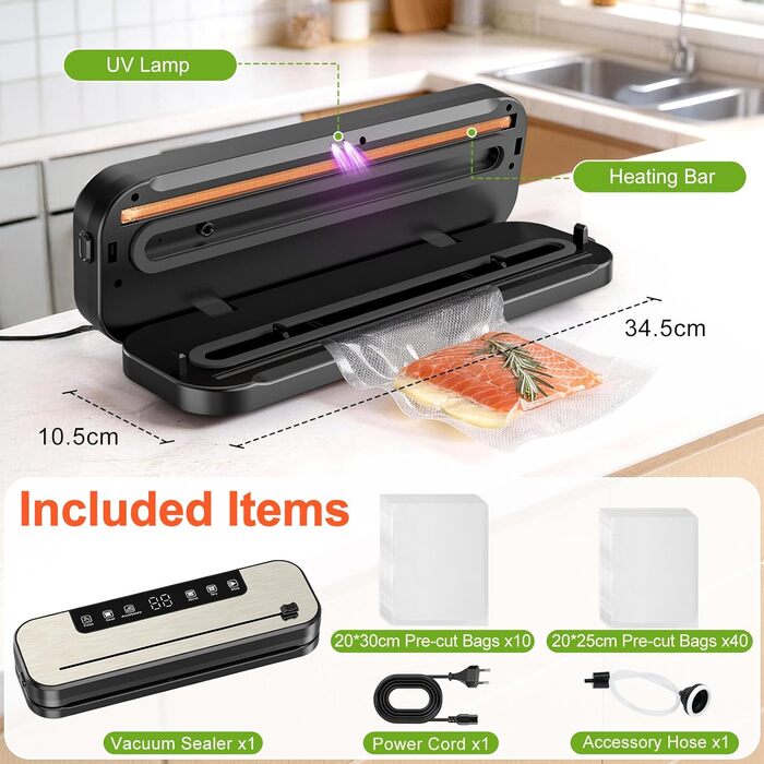 Вакууматор SHINER 6-в-1 для сухих та вологих продуктів, компактний вакуумний пакувальник з цифровим дисплеєм та набором пакетів, сріблястий