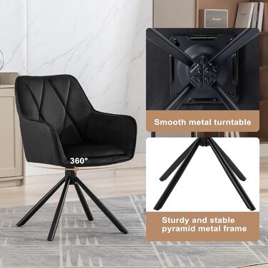 Обідні стільці Lestarain, поворотні, для кухні, спальні, вітальні, комплект з 4 шт. М'які, з підлокітниками та спинкою, на металевих ніжках, оксамит, чорний колір