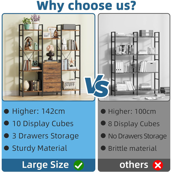 Стильна полиця-стеллаж з 4 висувними ящиками з тканини, 100W x 142Hcm, для книг, кухні, вітальні, офісу, балкону, в індустріальному стилі (4 яруси, 120cm, рустикальне дерево)