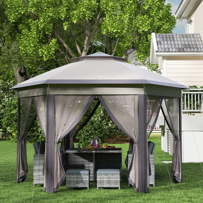 Альтанка Outsunny Garden Folding Gazebo 4x4 м Pop Up Tent Party Tent з сумкою для перенесення та 6 бічними панелями, подвійний навіс шестикутний у кавовому та бежевому кольорах