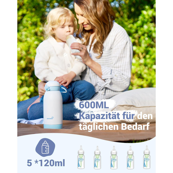 Підігрівач для пляшечок GROWNSY для подорожей: портативний, акумулятор 10000mAh, 600мл, точний контроль температури, рожевий (блакитний)