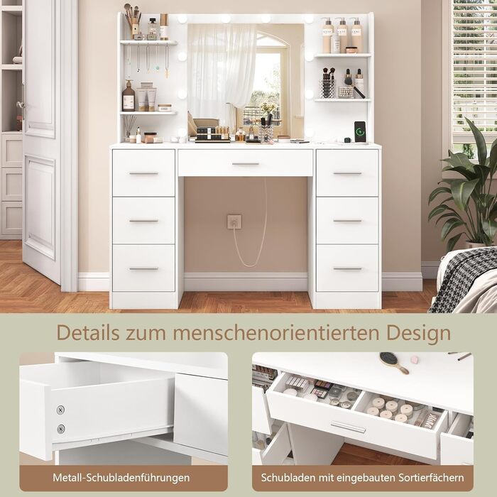 Дзеркальний туалетний столик TEENFON з LED-підсвіткою, 7 ящиками та 4 відкритими полицями, білий