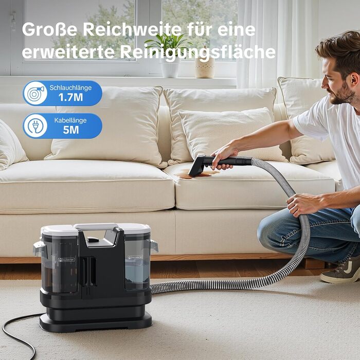 Низькошумовий волого-пилосос 450W для чищення килимів, меблів та авто. Потужність всмоктування 13500Pa, великий бак та довгий кабель. Ідеально для килимів, диванів, меблів, сходин, авто та передпосів. Білий (чорно-білий)