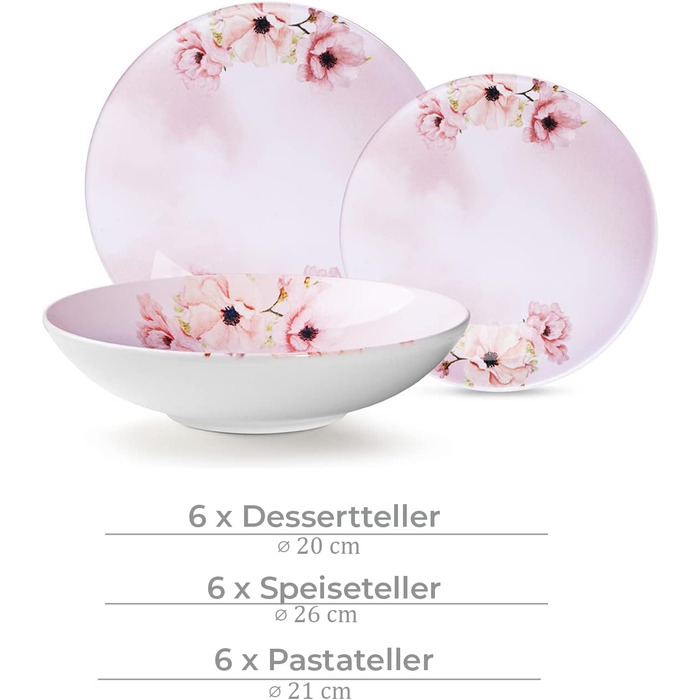 Набір столового посуду 6P - Набір тарілок GENTIA 18 шт. - Обідній сервіз - Сервізи та набори посуду - Комбінований сервіз 6P - Сервізи - Посуд кольоровий - Столовий посуд (рожевий/білий)