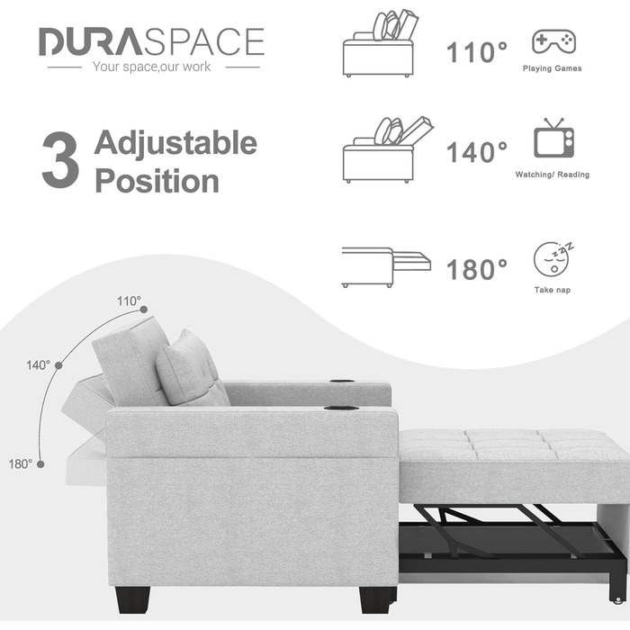 DURASPACE розкладне крісло-ліжко 3-в-1, 99 см, із USB, кишенею, підстаканником, для малих приміщень, зелений/світло-сірий