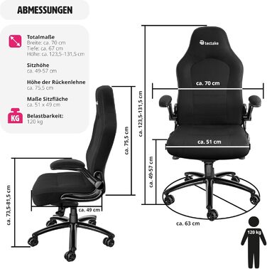 Офісний крісло tectake з регульованими підлокітниками та функцією гойдання, обертовий крісло з регулюванням висоти та роликами, крісло для керівника з тканинним покриттям, ергономічне офісне крісло, комп'ютерне крісло - чорне