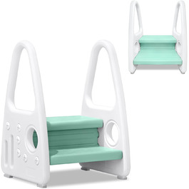 Дерев'яний дитячий табурет-сходинка JNGLGO з 2 ступенів, зелений. Безпечний та зручний для дитячої кімнати, ванної, кухні.