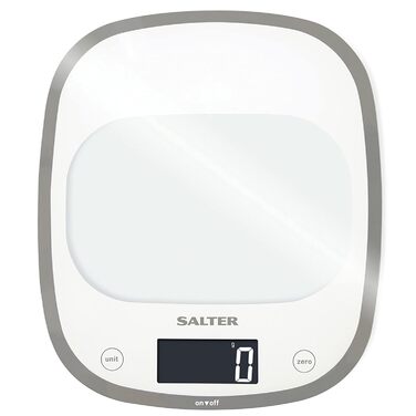 Цифрові кухонні ваги Salter 1050 BKDR Curve, тонкі скляні ваги, велика поверхня та сучасний дизайн, 5 кг, високочутливий РК-дисплей, функція тарування, мл/рідка унція, з батарейками, (білий)