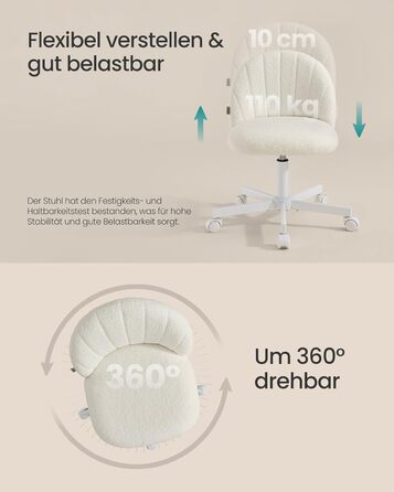 Крісло SONGMICS для дому та офісу, крісло для макіяжу з флісу, регульоване по висоті, для робочого кабінету, спальні, гардеробної, кремово-біле, OBG027WD01