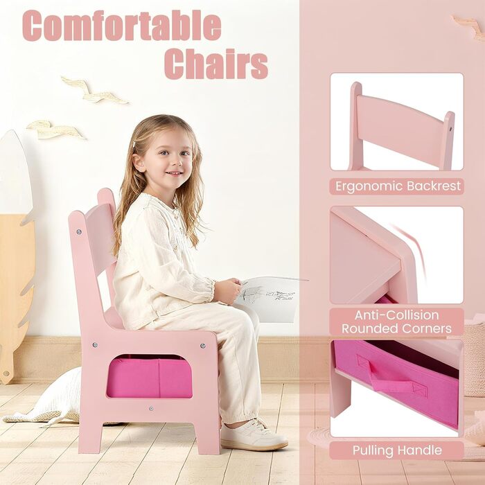 Дитячий стіл LIFEZEAL 3 в 1 з 2 стільцями: стіл для малювання, активностей та обіду. Дерев'яна дитяча група з місцем для зберігання (Рожевий)