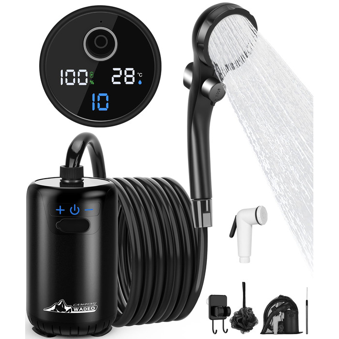 Портативна душова кабіна WADEO для кемпінгу з акумулятором та помпою, 10 режимів, акумулятор 6000 mAh (3 години роботи), подвійний цифровий дисплей, для відпочинку на природі, у саду та в подорожах (чорна)