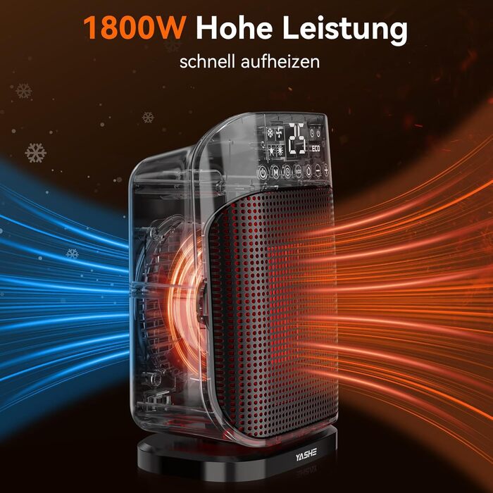 Електричний обігрівач YASHE 1800W з осциляцією 75°, економний та тихий, PTC керамічний нагрів з термостатом, захист від перегріву та перекидання, таймер 24 год, портативний з пульт керування