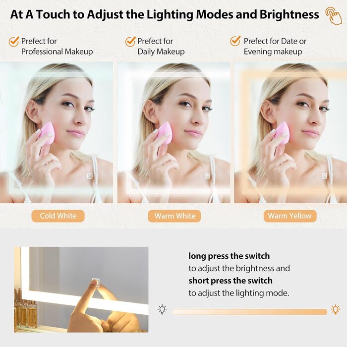 Великий туалетний столик ANWBROAD з регульованою LED-підсвіткою (3 кольори), розетками, дзеркалом та пуфом. 7 висувних ящиків, 4 полиці. Колір: білий. Розміри: 140x100x40 см.