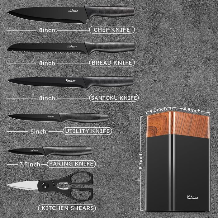 Набір кухонних ножів Yabano 7 предметів з підставкою та точилкою, кухонний набір ножів з чорним пластиковим блоком