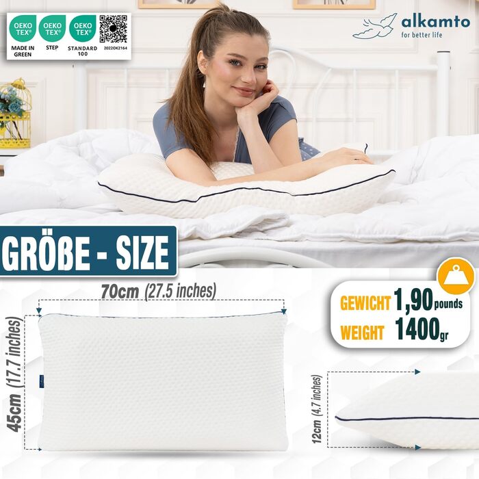 Подушка з піною з пам'яті Alkamto 70 x 45 см - ергономічна підтримка шиї - сертифікат Oeko-Tex - терморегулююча наволочка - гіпоалергенна та придатна для прання - для сну на спині та на боці 70 x 45 x 12 см