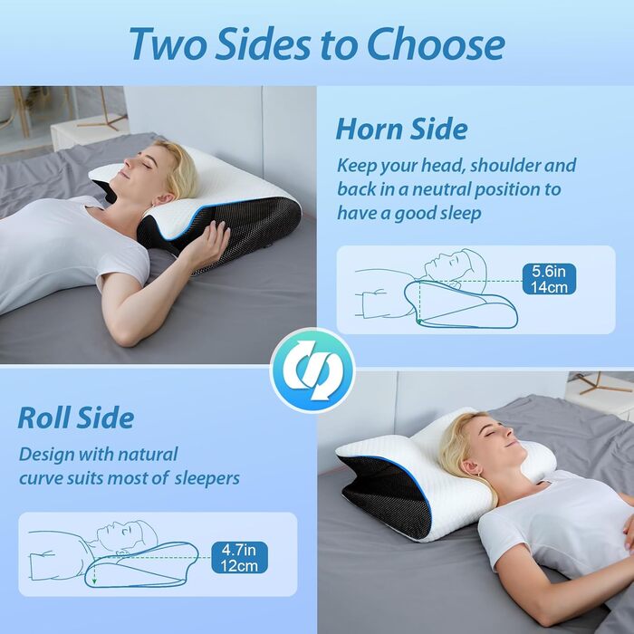 Ортопедична подушка HOMCA 2 в 1 з Memory Foam для сну на спині, боці та животі, 60x40x12/14 см, чорна